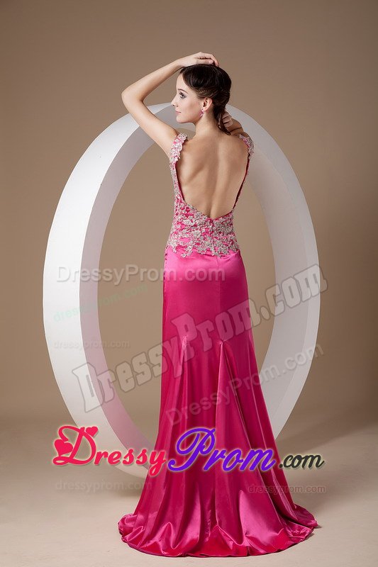 Scoop Neck Brush Train Fuchsia Appliqued Dress for Prom