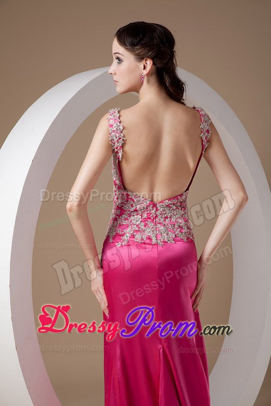 Scoop Neck Brush Train Fuchsia Appliqued Dress for Prom