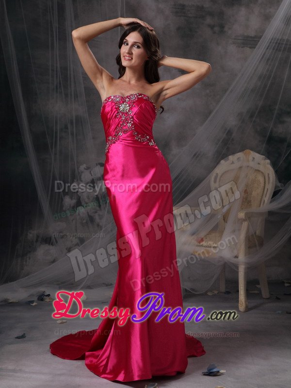 Hot Pink Watteau Train Prom formal Dress with Beading and Ruches