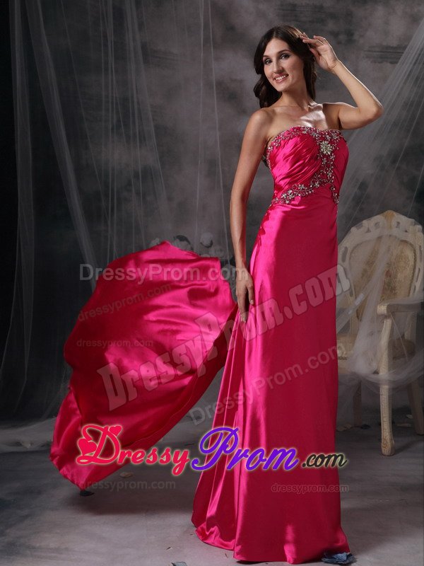 Hot Pink Watteau Train Prom formal Dress with Beading and Ruches
