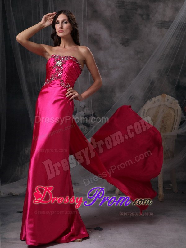 Hot Pink Watteau Train Prom formal Dress with Beading and Ruches