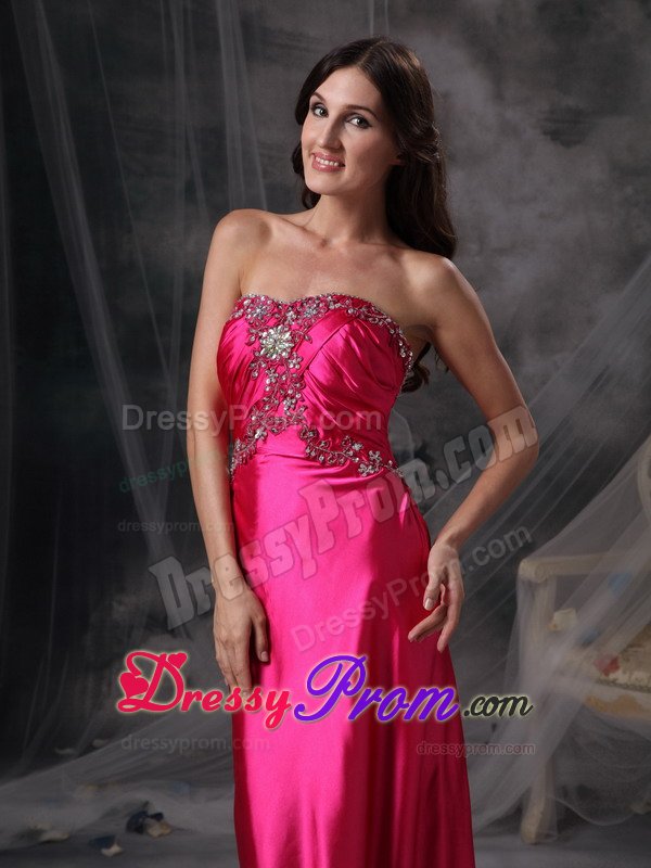 Hot Pink Watteau Train Prom formal Dress with Beading and Ruches