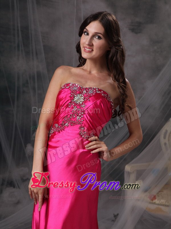 Hot Pink Watteau Train Prom formal Dress with Beading and Ruches