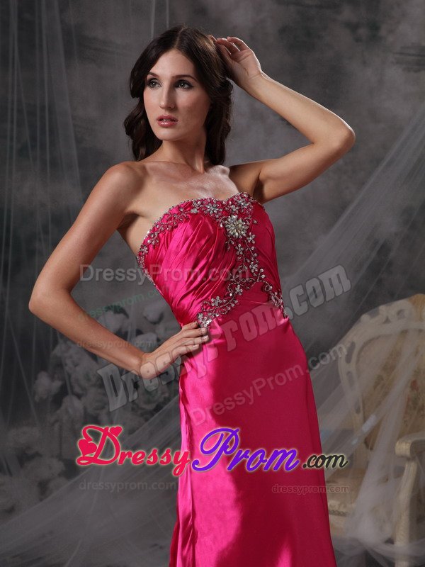 Hot Pink Watteau Train Prom formal Dress with Beading and Ruches