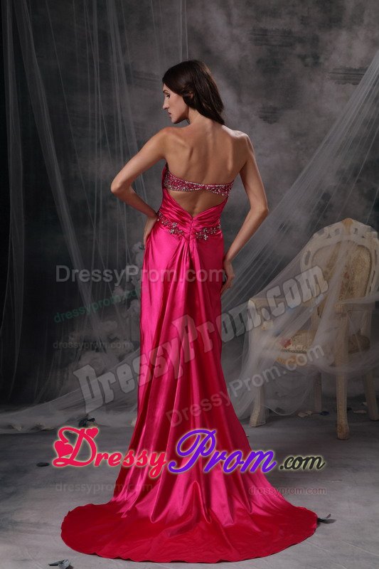 Hot Pink Watteau Train Prom formal Dress with Beading and Ruches
