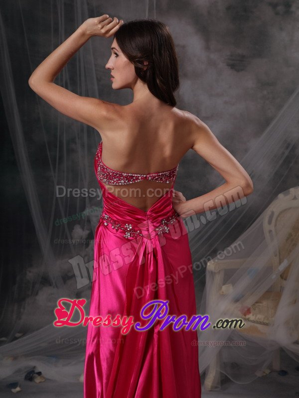 Hot Pink Watteau Train Prom formal Dress with Beading and Ruches
