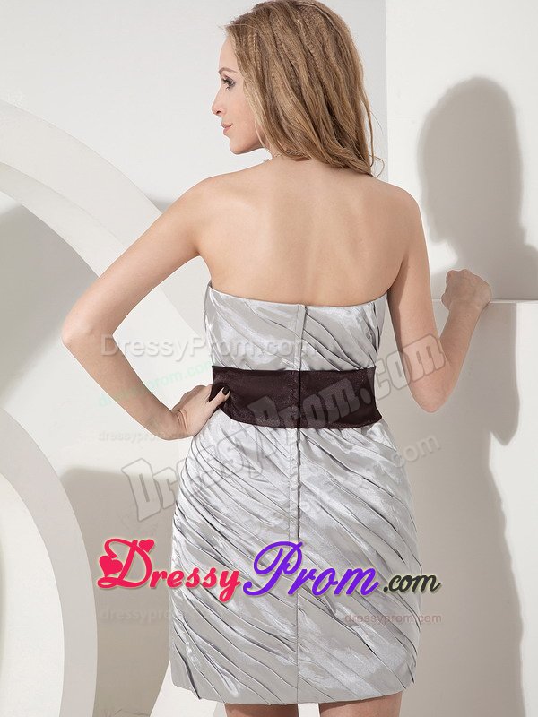 Ruches and Sash Decorate Silver Mini Length Prom formal Dresses