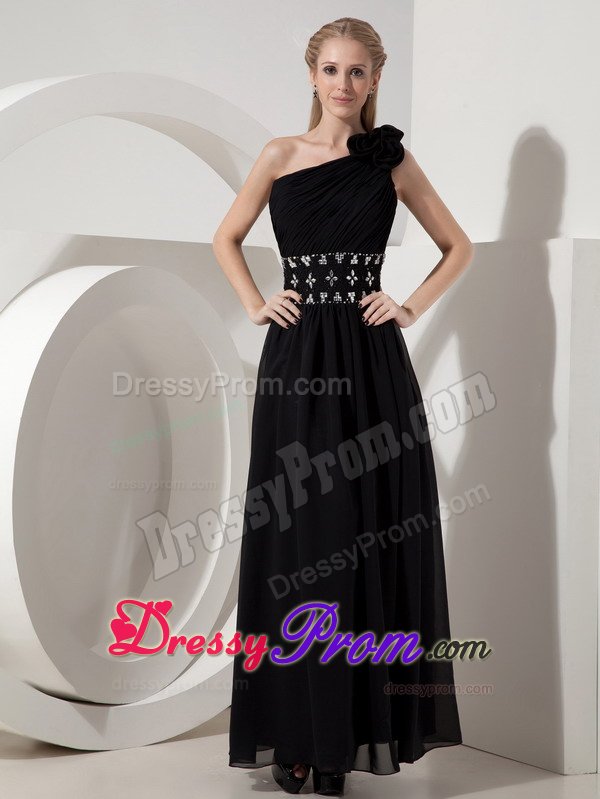 Black One Shoulder Beaded Chiffon Prom formal Dress of Ankle Length