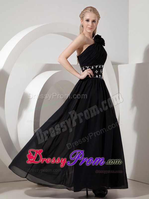 Black One Shoulder Beaded Chiffon Prom formal Dress of Ankle Length