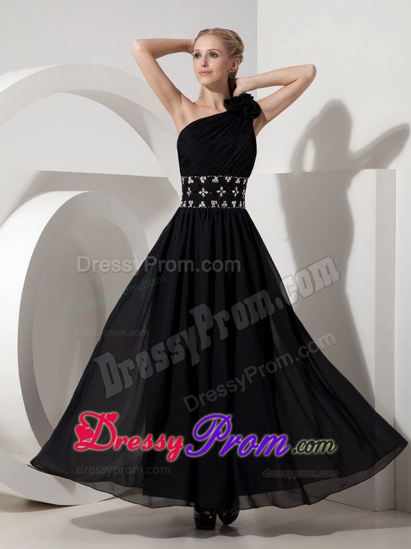 Black One Shoulder Beaded Chiffon Prom formal Dress of Ankle Length