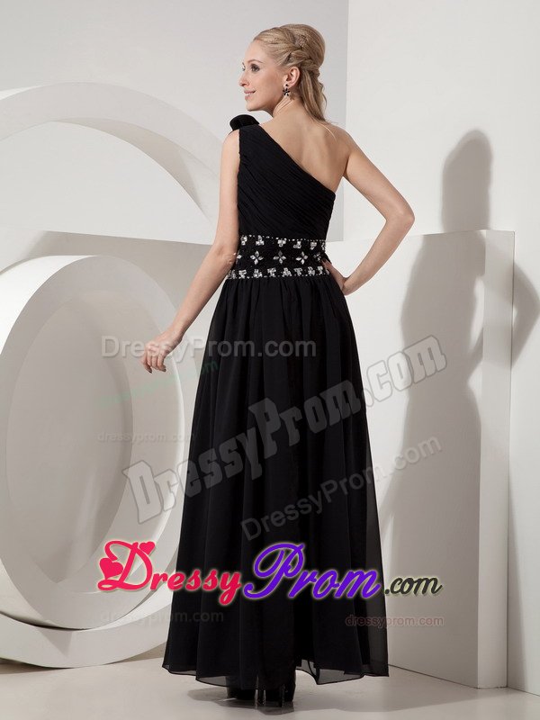 Black One Shoulder Beaded Chiffon Prom formal Dress of Ankle Length