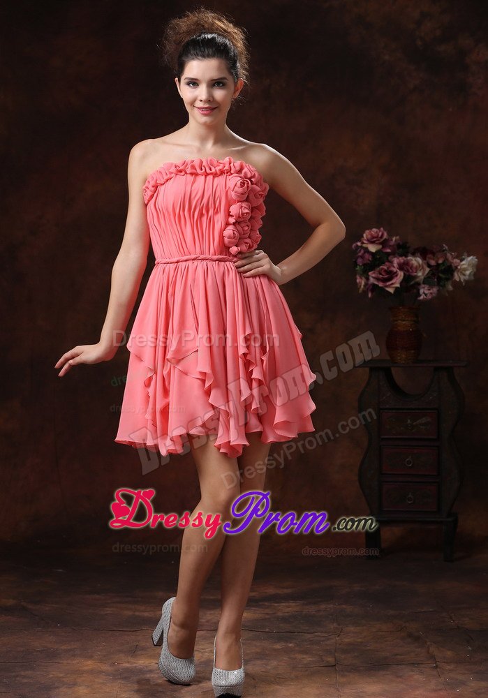 Flowers and Ruches Accent Mini Prom Pageant Dress in Watermelon