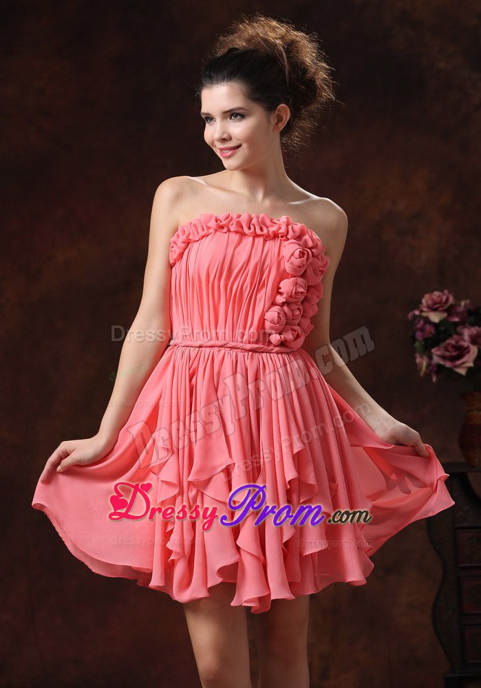 Flowers and Ruches Accent Mini Prom Pageant Dress in Watermelon