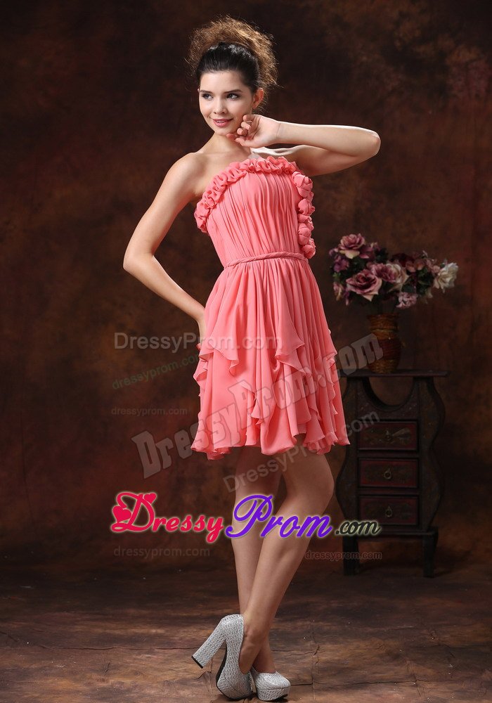 Flowers and Ruches Accent Mini Prom Pageant Dress in Watermelon