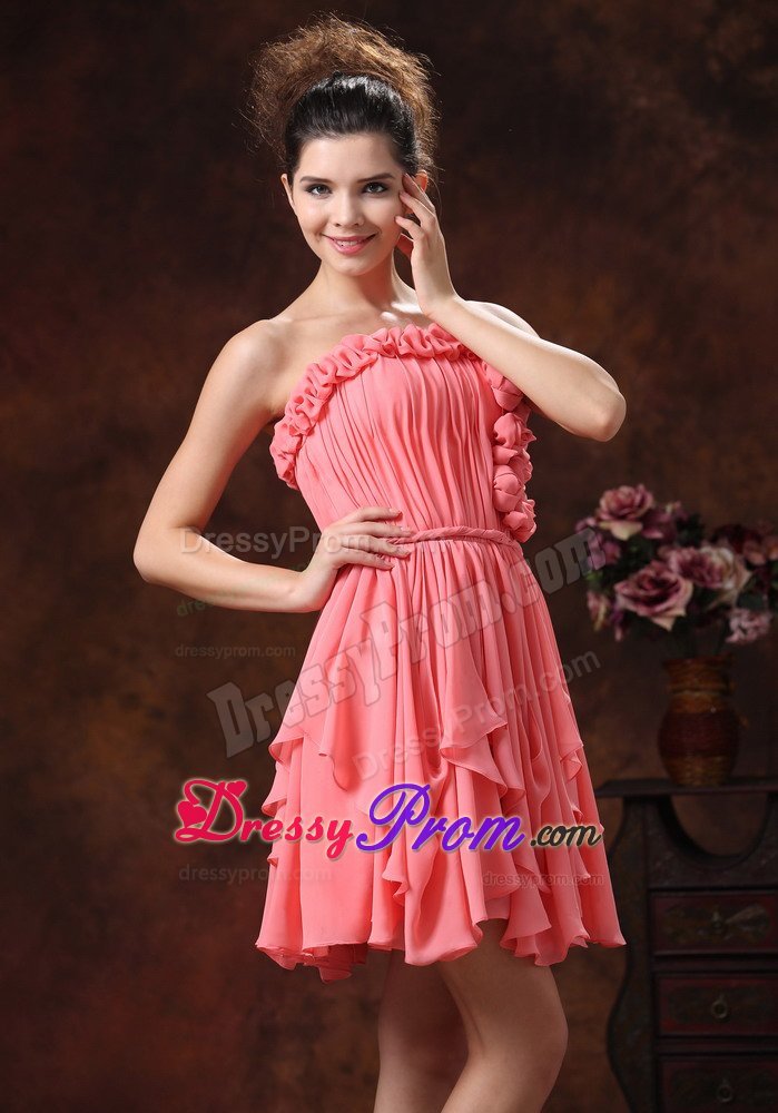 Flowers and Ruches Accent Mini Prom Pageant Dress in Watermelon