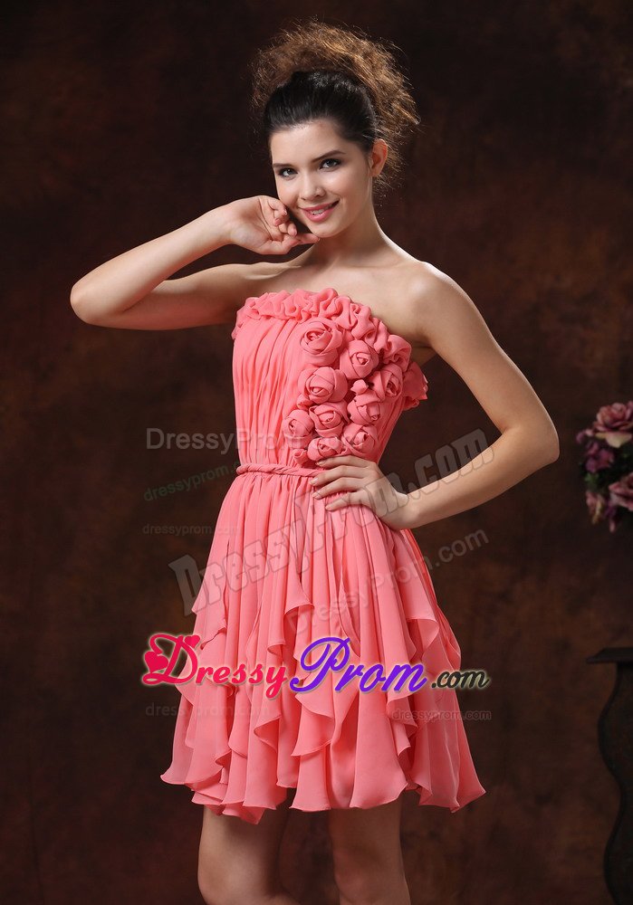 Flowers and Ruches Accent Mini Prom Pageant Dress in Watermelon