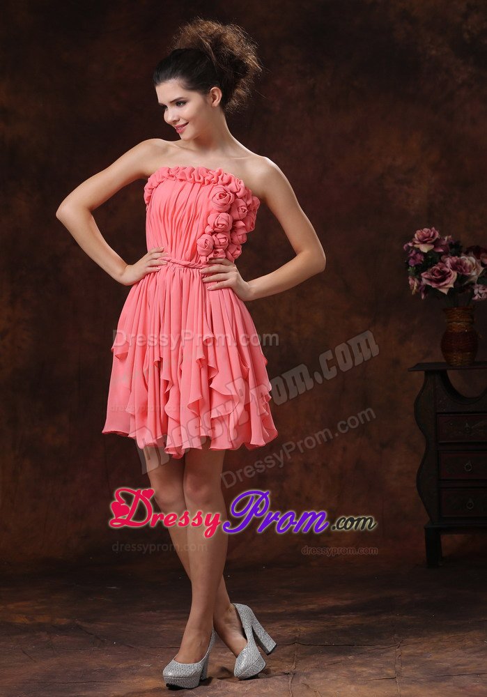 Flowers and Ruches Accent Mini Prom Pageant Dress in Watermelon