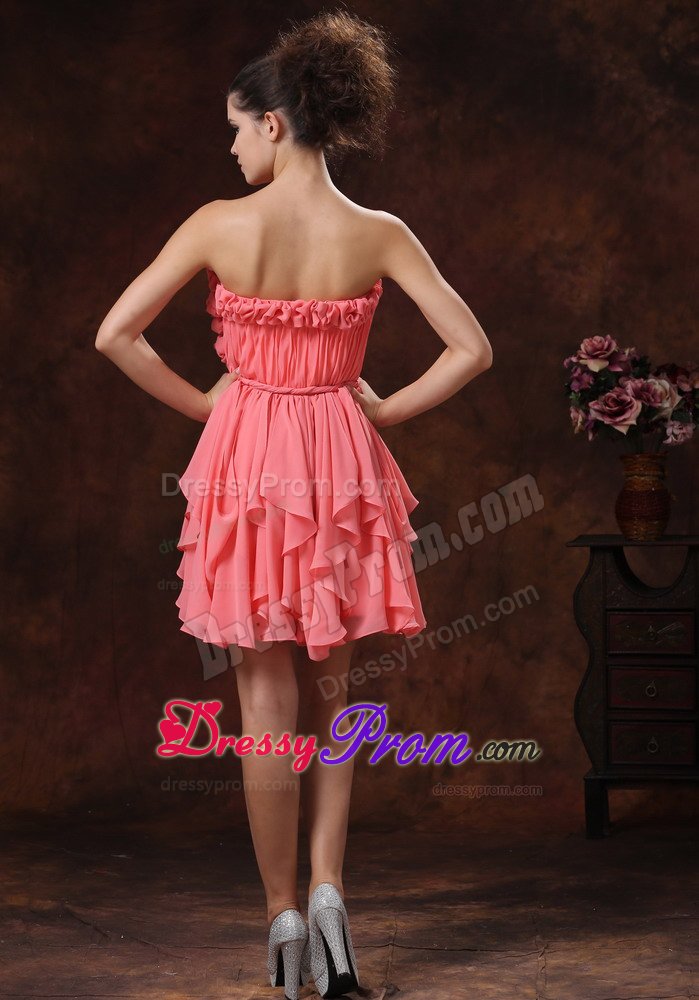 Flowers and Ruches Accent Mini Prom Pageant Dress in Watermelon