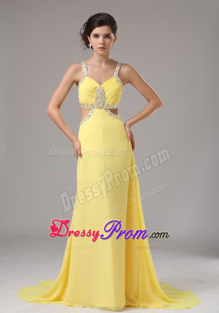 Beaded and Ruched Yellow Straps Prom Pageant Dress Criss Cross