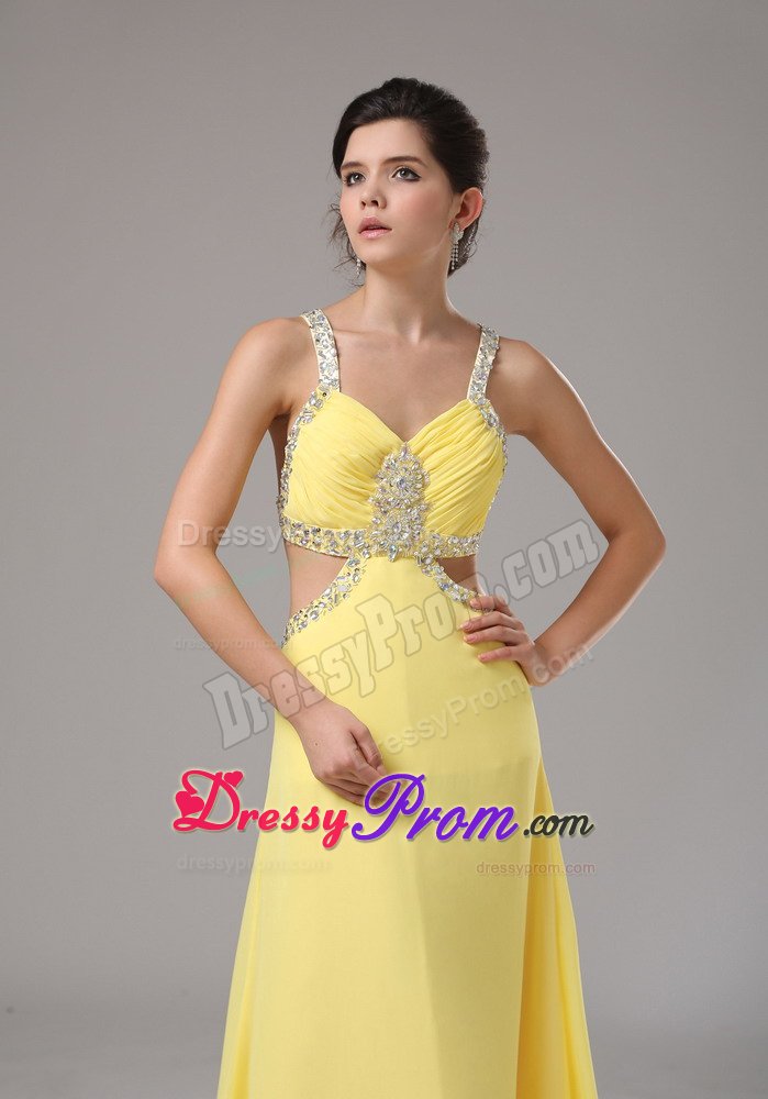 Beaded and Ruched Yellow Straps Prom Pageant Dress Criss Cross