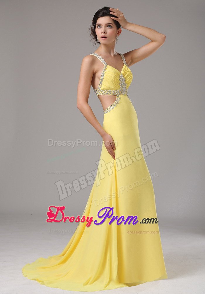 Beaded and Ruched Yellow Straps Prom Pageant Dress Criss Cross