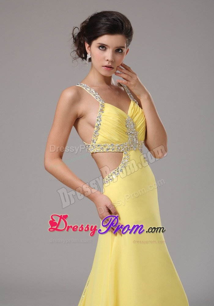 Beaded and Ruched Yellow Straps Prom Pageant Dress Criss Cross