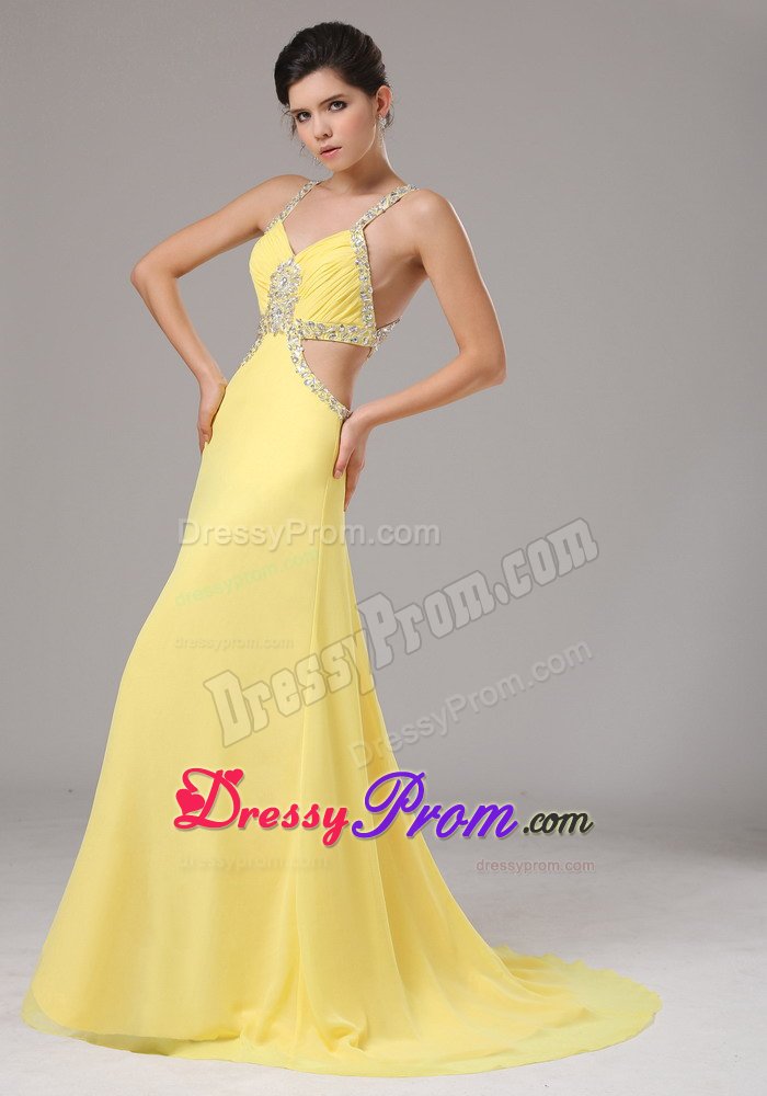 Beaded and Ruched Yellow Straps Prom Pageant Dress Criss Cross