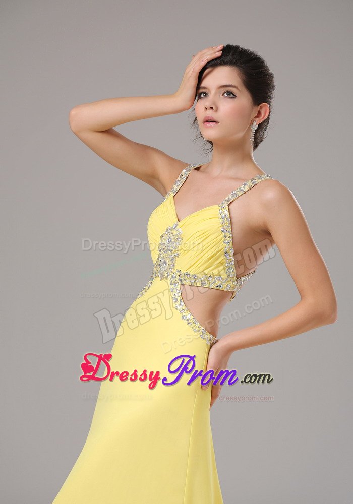 Beaded and Ruched Yellow Straps Prom Pageant Dress Criss Cross