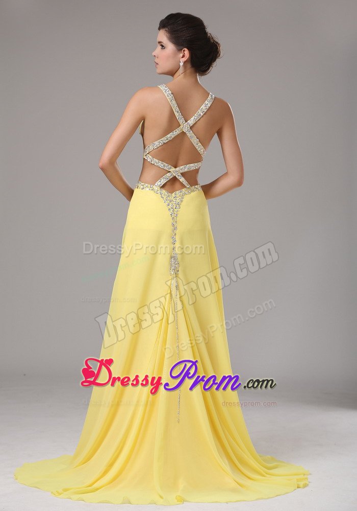 Beaded and Ruched Yellow Straps Prom Pageant Dress Criss Cross
