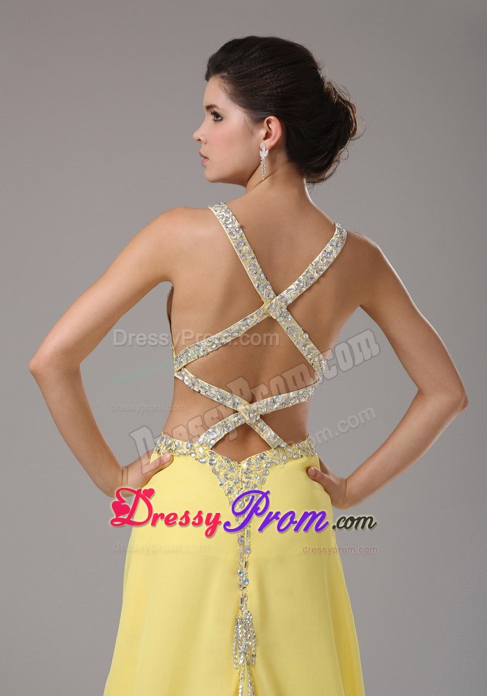 Beaded and Ruched Yellow Straps Prom Pageant Dress Criss Cross