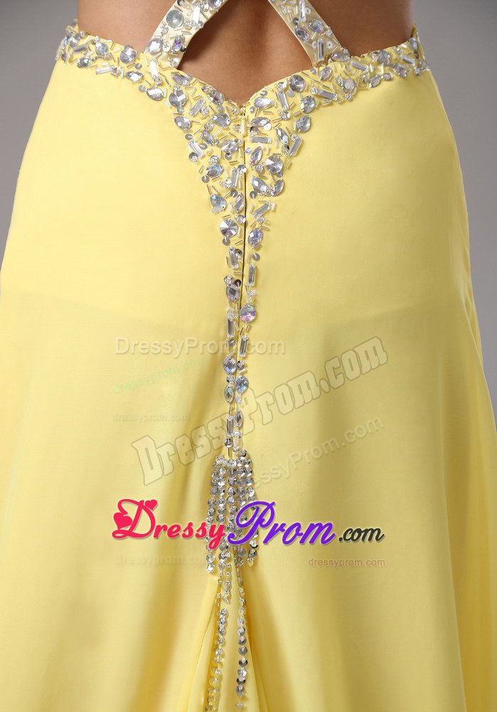 Beaded and Ruched Yellow Straps Prom Pageant Dress Criss Cross