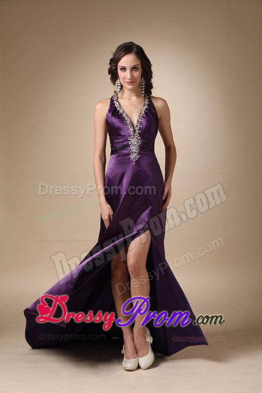 Eggplant Purple Halter Prom Pageant Dress with High Slit Beading