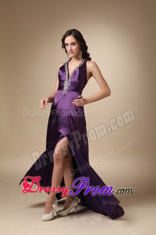 Eggplant Purple Halter Prom Pageant Dress with High Slit Beading