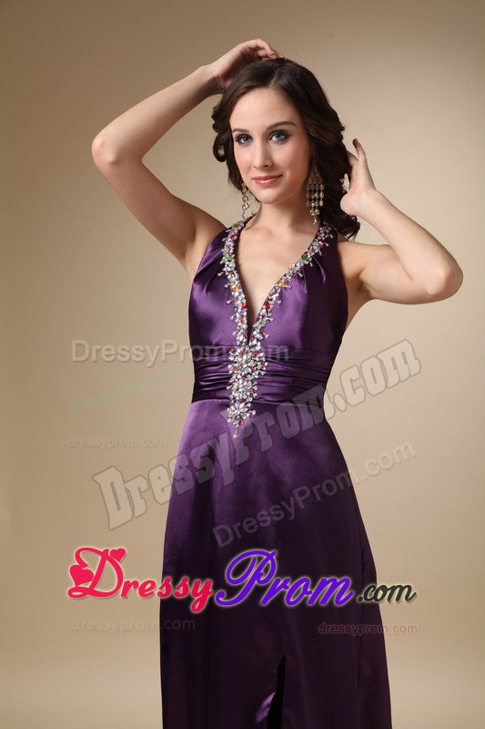 Eggplant Purple Halter Prom Pageant Dress with High Slit Beading