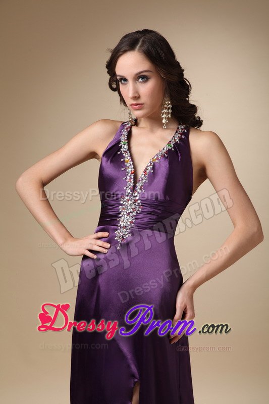 Eggplant Purple Halter Prom Pageant Dress with High Slit Beading