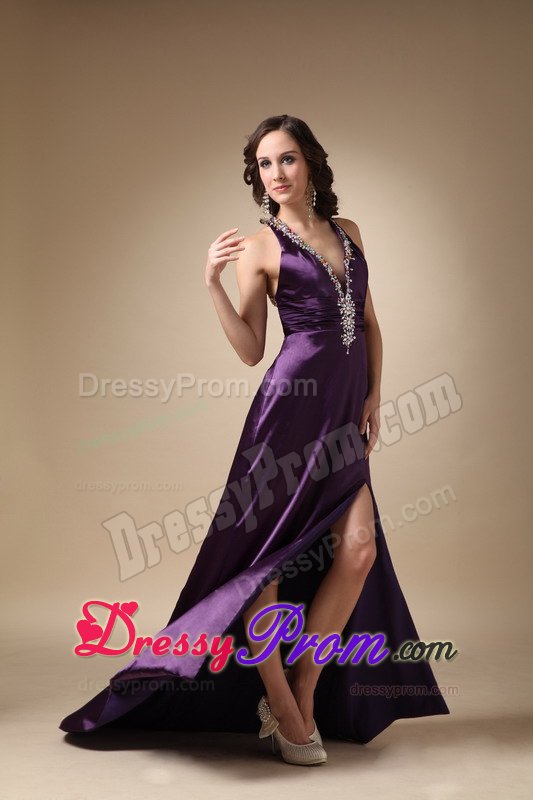 Eggplant Purple Halter Prom Pageant Dress with High Slit Beading