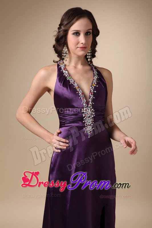 Eggplant Purple Halter Prom Pageant Dress with High Slit Beading