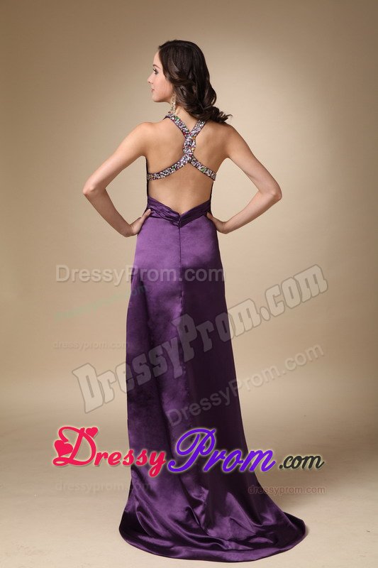 Eggplant Purple Halter Prom Pageant Dress with High Slit Beading