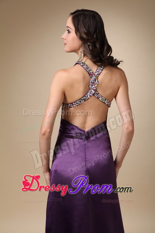 Eggplant Purple Halter Prom Pageant Dress with High Slit Beading
