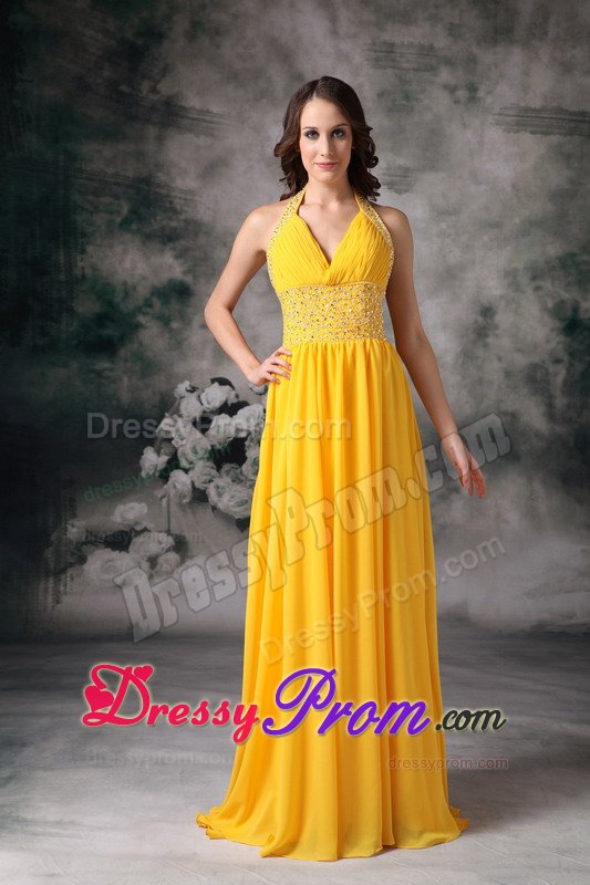 Beading and Ruches Accent Halter Prom Pageant Dresses in Yellow