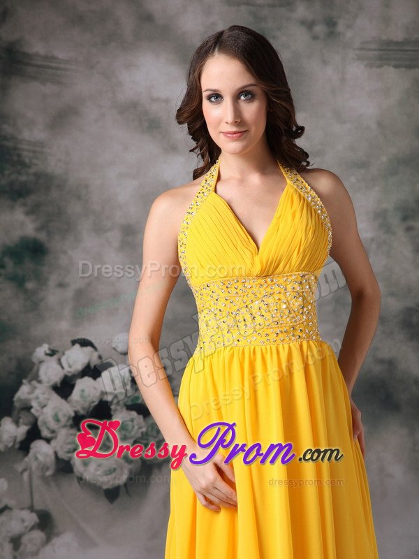 Beading and Ruches Accent Halter Prom Pageant Dresses in Yellow