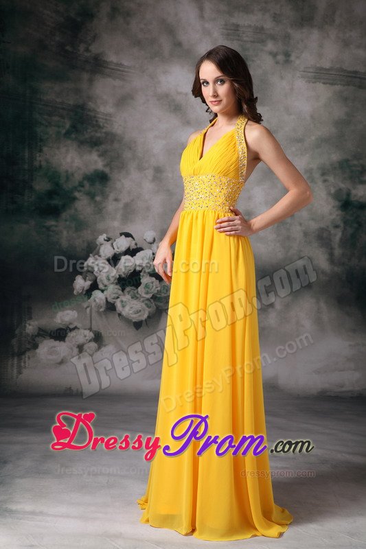 Beading and Ruches Accent Halter Prom Pageant Dresses in Yellow