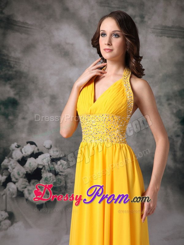 Beading and Ruches Accent Halter Prom Pageant Dresses in Yellow