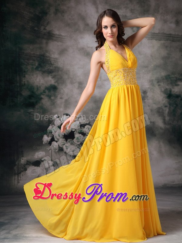 Beading and Ruches Accent Halter Prom Pageant Dresses in Yellow