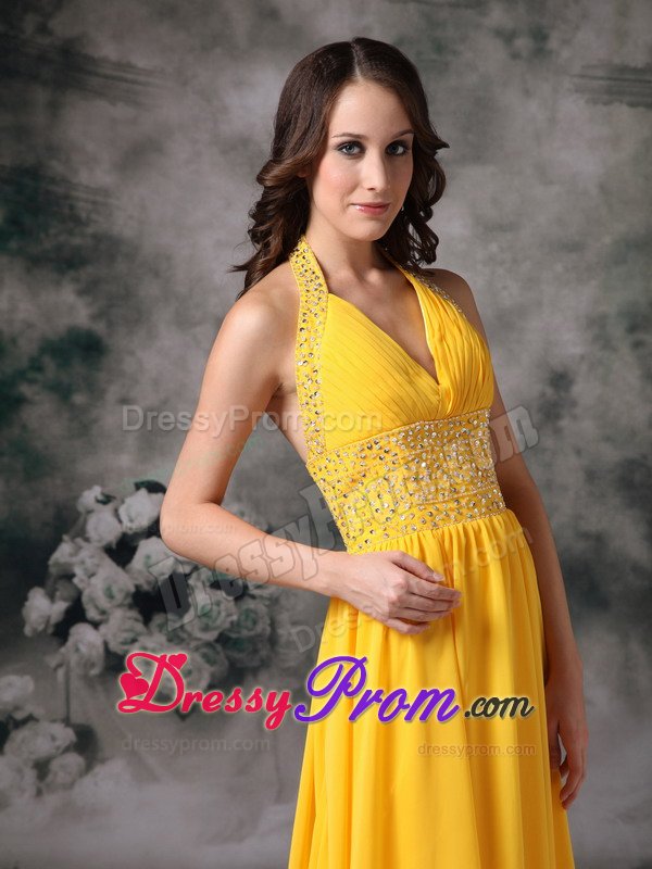 Beading and Ruches Accent Halter Prom Pageant Dresses in Yellow