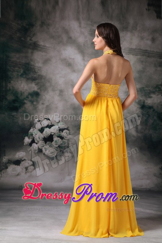 Beading and Ruches Accent Halter Prom Pageant Dresses in Yellow