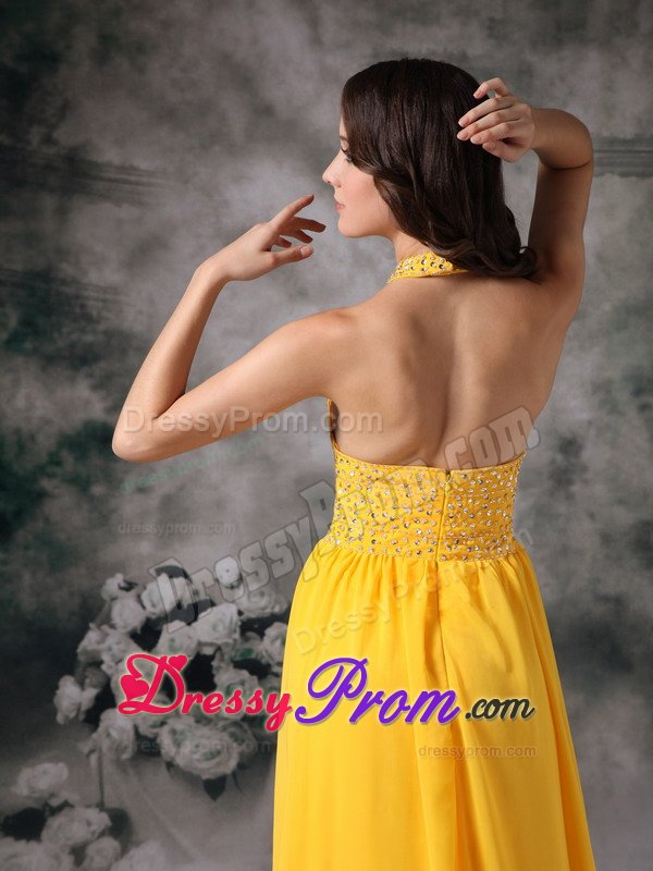 Beading and Ruches Accent Halter Prom Pageant Dresses in Yellow