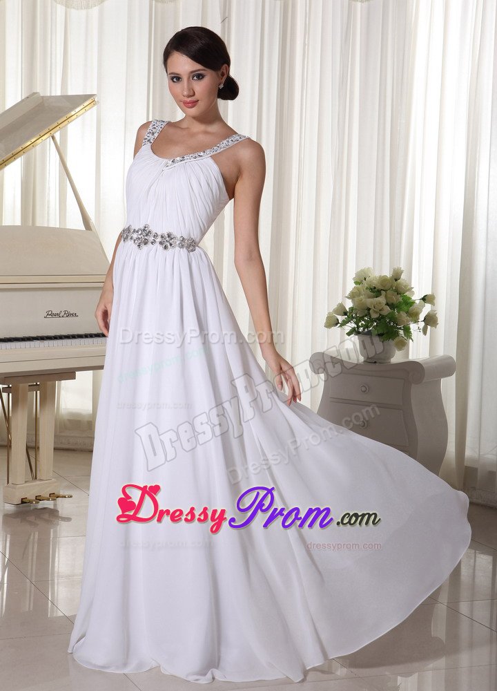 Beaded Straps and Waist White Chiffon Long Prom Pageant Dresses