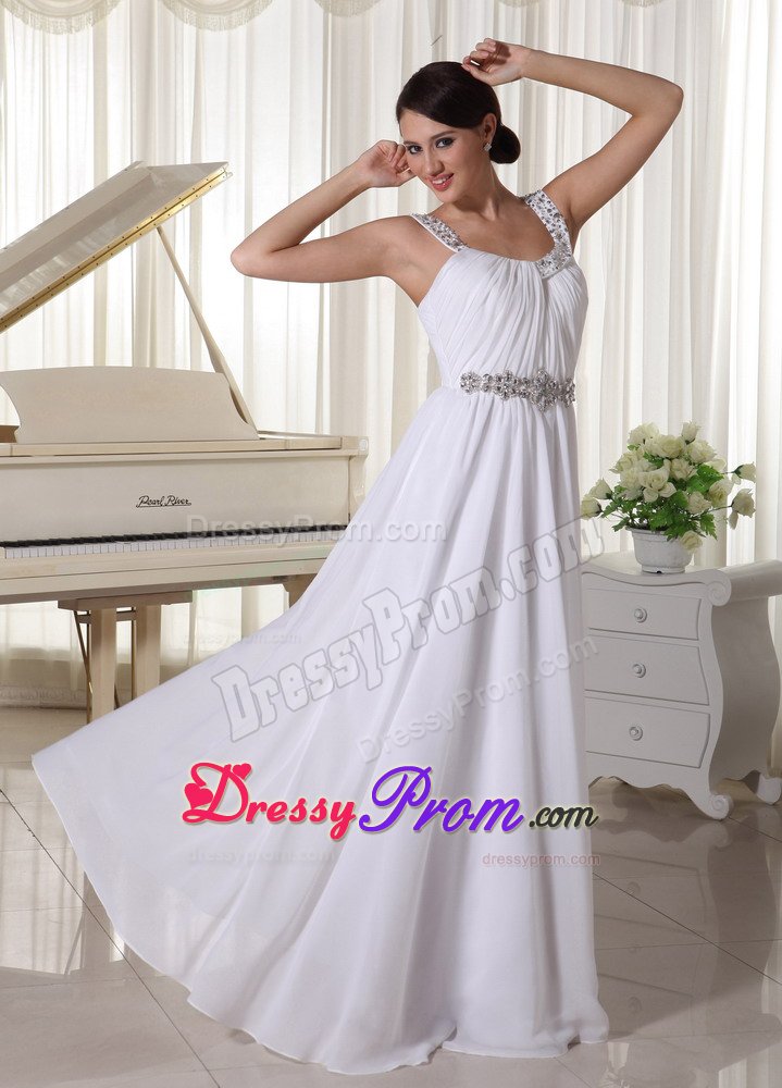 Beaded Straps and Waist White Chiffon Long Prom Pageant Dresses