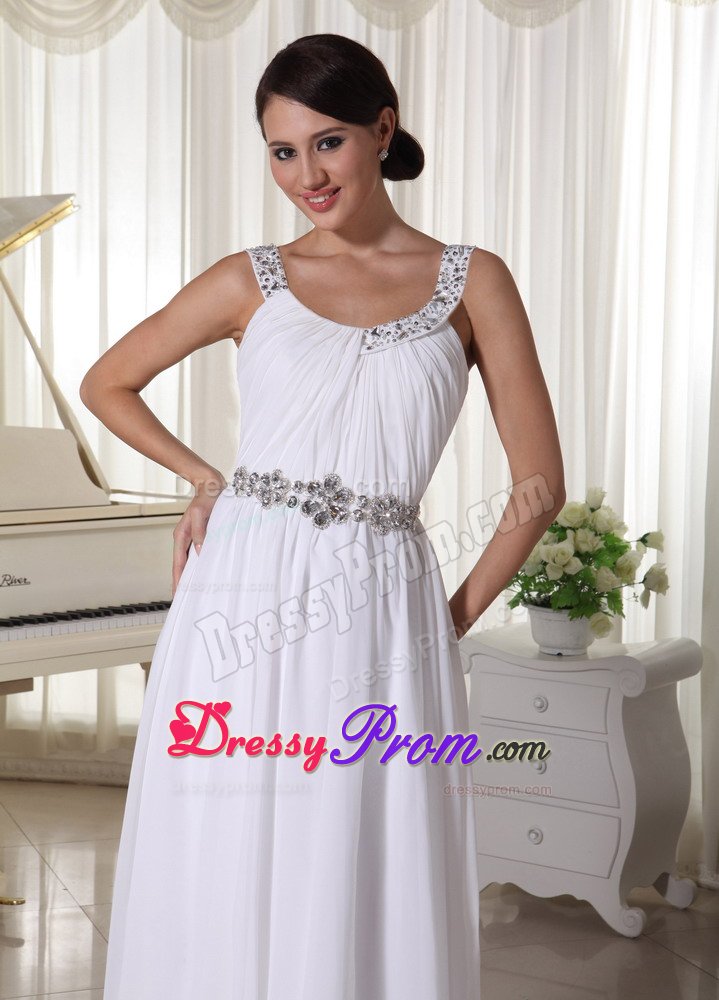 Beaded Straps and Waist White Chiffon Long Prom Pageant Dresses